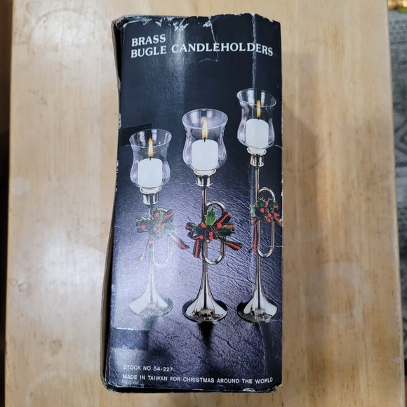 Vintage Brass Bugle Horn Trumpet Candlestick Candle Holder Set of 3 - Picture 1 of 4